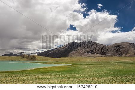 Kyagar Tso Lake valley in Indian Himalaya North India Ladakh region