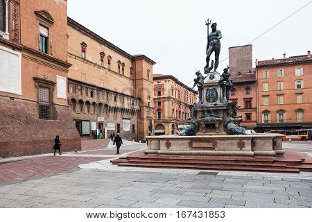 Fountain Neptune On Square In Bologna City