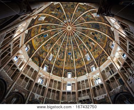 Painted Cupola Of Baptistery In Parma City