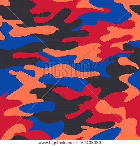 Camouflage pattern background seamless clothing print repeatable camo glamour vector. Red blue coral navy