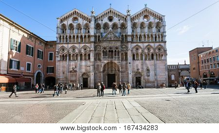 Duomo And Tourists On Piazza Cattedrale In Ferrara