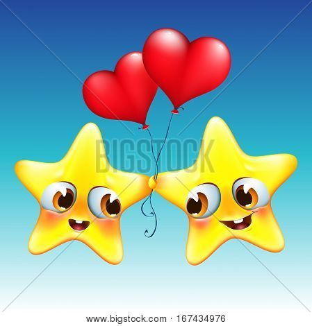 cute cartoon stars in love with heart balloons on blue background