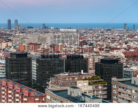 Barcelona Skyline In Evening Gloaming