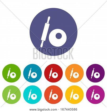 Rolling pin and dough set icons in different colors isolated on white background