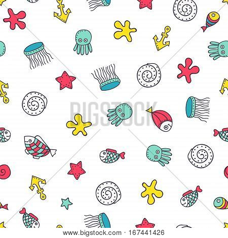 Cute sea elements. Vector seamless pattern with hand drawn marine objects. Doodle fish sea star jellyfish octopus shell anchor on white background.
