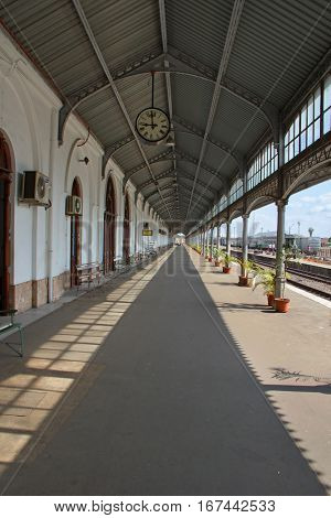 MAPUTO, MOZAMBIQUE - APRIL 29: Main railway statiion and bus terminal of Maputo, Mozambique on April 29, 2012. The station is transport hub for the country and historical landmark of colonial period