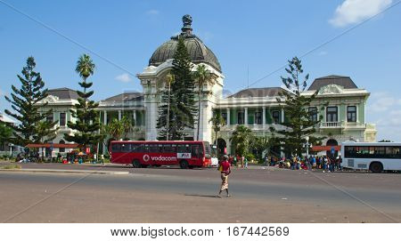 MAPUTO, MOZAMBIQUE - APRIL 29: Main railway statiion and bus terminal of Maputo, Mozambique on April 29, 2012. The station is transport hub for the country and historical landmark of colonial period