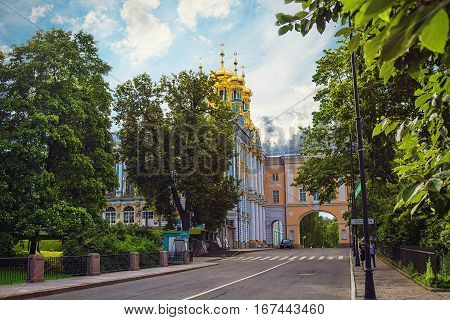 The Catherine Palace and Tsarskoe Selo Lyceum in summer day