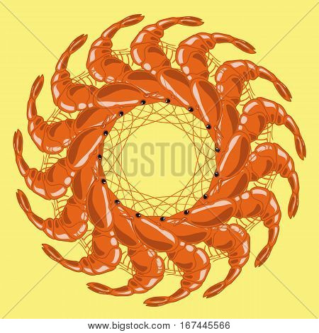 Cooked Red Shrimps Isolated on Yellow Background. Tasty Sea Food.