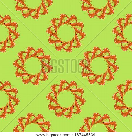 Cooked Red Shrimps Seamless Pattern on Green Background. Exquisite Sea Food.