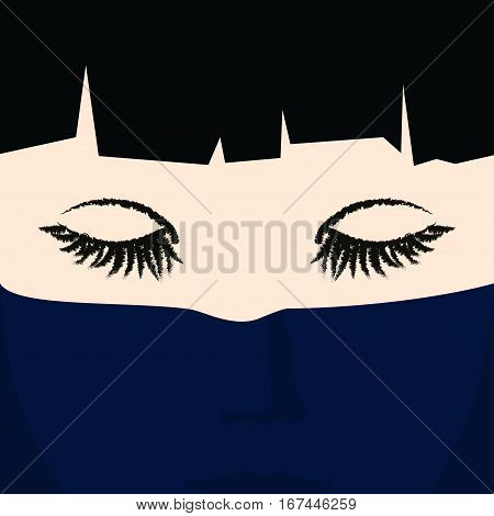 Face of a Young Girl under a Veil Closed ,Girl Eyes and Face Closes Dark Blue Voile