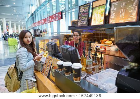MACAO, CHINA - CIRCA FEBRUARY, 2016: Gloria Jean's Coffee at Macau International Airport Terminal.