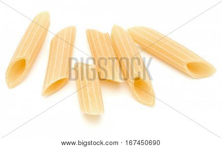 Italian pasta isolated on white background. Pennoni. Penne rigate.