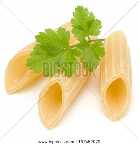 Italian pasta isolated on white background. Pennoni. Penne rigate.