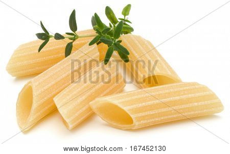 Italian pasta isolated on white background. Pennoni. Penne rigate.