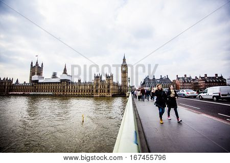 London England - 21 March 2016: Big Ben and the Westminister bridge in central London.