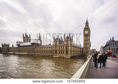 London England - 21 March 2016: Big Ben and the Westminister bridge in central London.