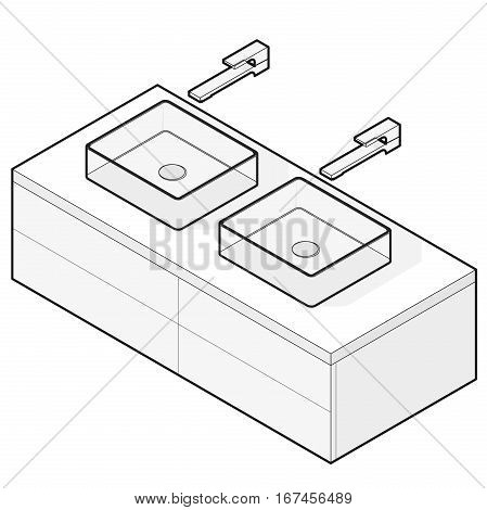 Bathroom sinks. Outlined isometric basin with tap and water. Kitchen interior info graphic element on white. Illustration household article. Pictogram domestic cleaner set. Isolated master vector.