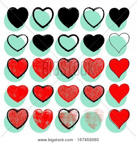 Use it in all your designs. Set red hearts signs with black contour and texture created in handmade watercolor technique. This vector illustration graphic element for design saved in 10 eps