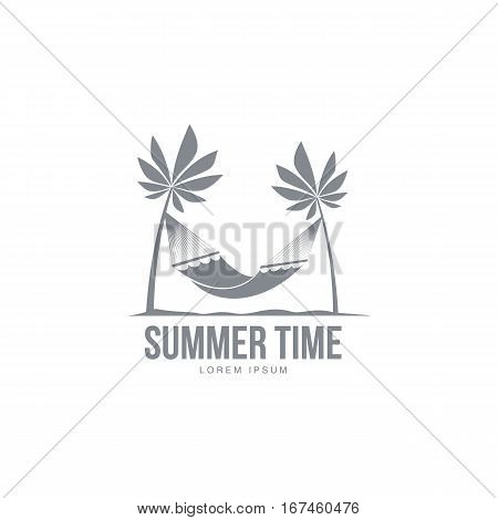 Black white, silhouette logo template with hammock hanging between two palm trees, vector illustration isolated on white background. Black white summer time logotype, logo template with tropical palms