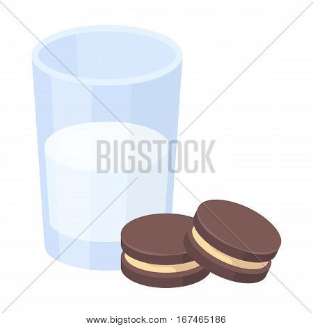 Glass of milk with cookies icon in cartoon design isolated on white background. Sleep and rest symbol stock vector illustration.