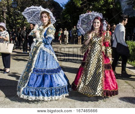 CAGLIARI, ITALY - May 29, 2016: Sunday at La Grande Jatte VIII Ed. At the Public Gardens - Sardinia - beautiful girls in Victorian costumes
