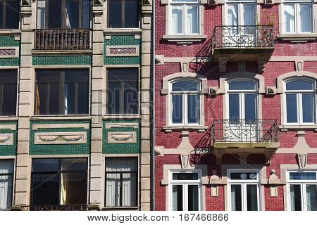 Facede with tiles red gree in Porto Portugal