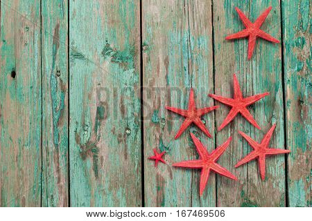 Shell And Starfish Frame With Space On Wooden Old Background.