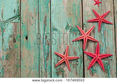 Shell And Starfish Frame With Space On Wooden Old Background.