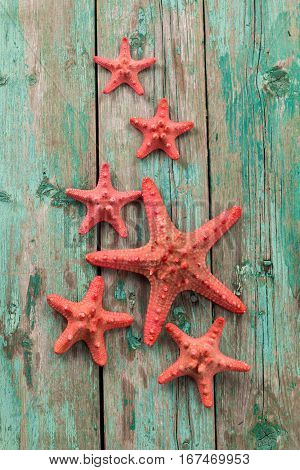 Shell And Starfish Frame With Space On Wooden Old Background.