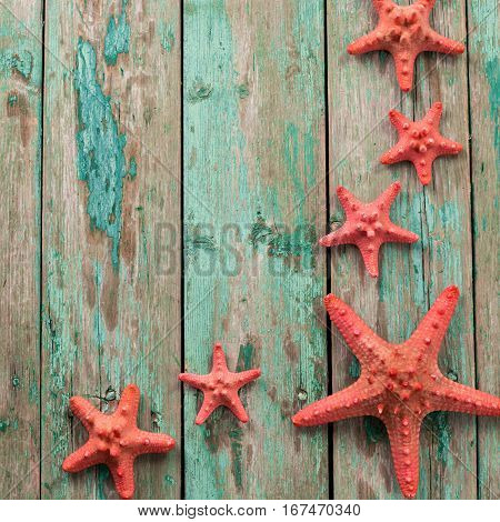 Shell And Starfish Frame With Space On Wooden Old Background.