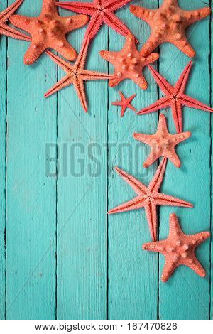 Shell And Starfish Frame With Space On Wooden Old Background.