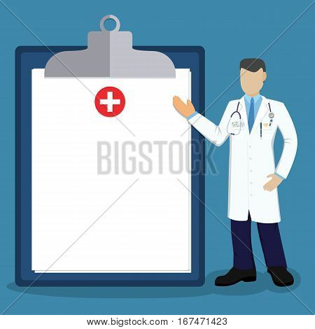 Doctor pointing at empty medical clipboard. Vector illustration in flat style
