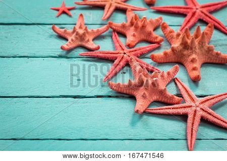 Shell And Starfish Frame With Space On Wooden Old Background.