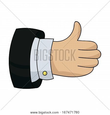 Thumb up icon in cartoon design isolated on white background. Conference and negetiations symbol stock vector illustration.