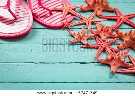 Shell And Starfish Frame With Space On Wooden Old Background.