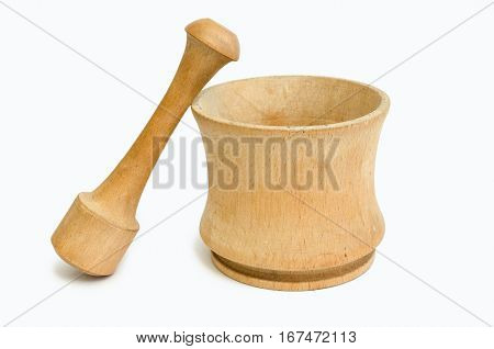 Wooden stupa for the Spice fraction close up isolated on white background