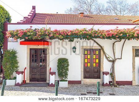 A typical house from alentejo in portugal with colorful glass on one door and a reflection of a beautiful girl on the other