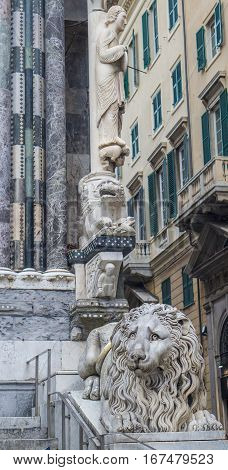 Lion statue in the cathedral of Saint Lorenzo in Genoa, Italy
