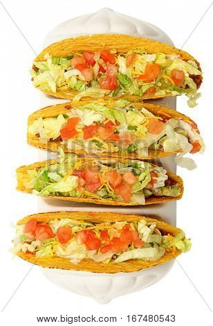 Set of Four Beef Tacos Over White High Angle View