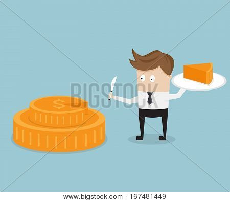 businessman and piece of cake from money coin business share concept vector illustration