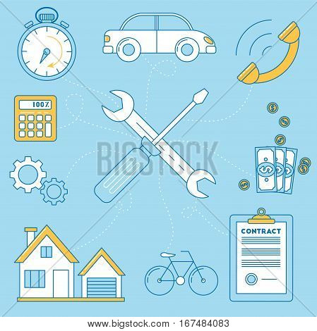 Wrench and screw driver illustration. Repair of house car and bike contract for work. budgeting and timing call for a work.