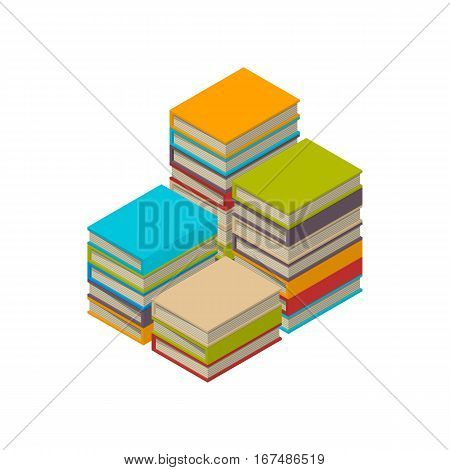 Big four stacks of new 3d colorful books and tutorials on a bookshalf. Isometric flat classbooks and textbooks icon. Education symbol logo. Illustration vector art.