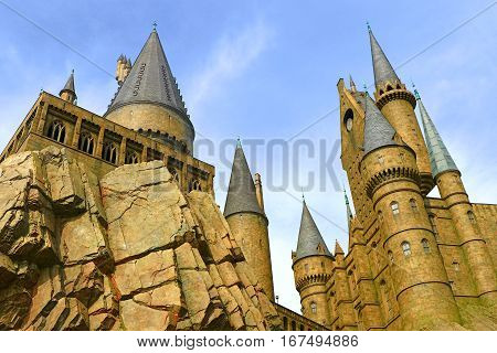Osaka, Japan - Nov 5, 2016: The Wizarding World of Harry Potter in Universal Studios Japan. Universal Studios Japan is a theme park in Osaka, Japan.Hogwarts Castle