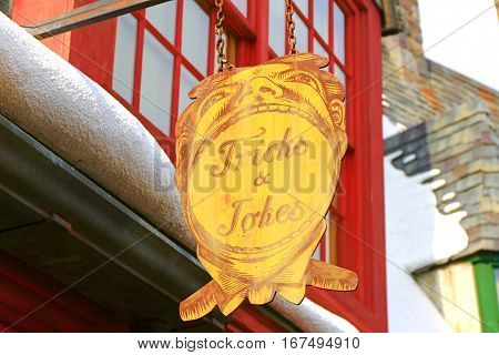 Osaka, Japan - Jan 07.2017 : Sign of Zonko Joke Shop in the Wizarding World of Harry Potter in Universal Studios Japan. Universal Studios Japan is a theme park in Osaka, Japan.