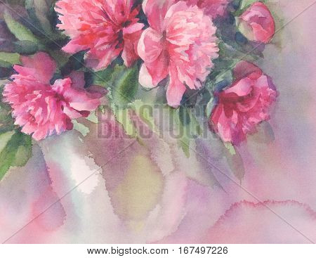 Bouquet of pink peonies watercolor illiustration. Wedding card. Summer bloom. Color flowers background.