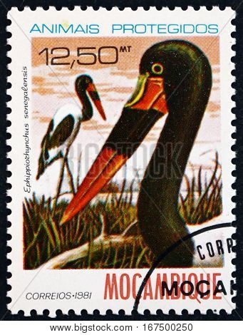 MOZAMBIQUE - CIRCA 1981: a stamp printed in Mozambique shows Saddlebill Stork Ephippiorhynchus Senegalensis is a Large Wading Bird circa 1981