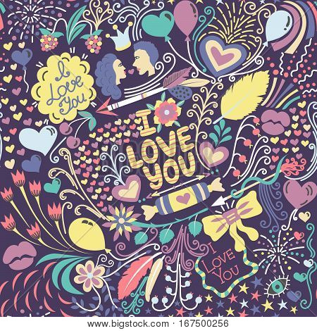 Seamless pattern with hand drawn love elements. Colorful greeting background on Valentine's Day. Holiday. It can be used for wallpaper textiles wrapping card. Vector illustration eps10