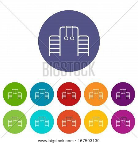 Horizontal bar with climbing rings and ladder set icons in different colors isolated on white background