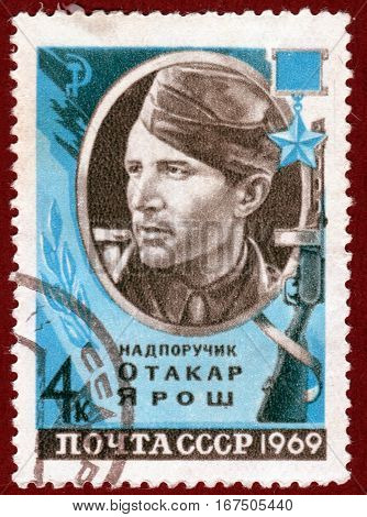 USSR - CIRCA 1969: Postage stamp  printed in USSR shows portrait of Otakar Yarosh, nadporuchik, Hero of the Soviet Union. circa 1969